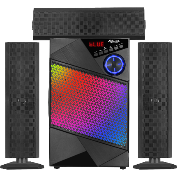 Gaming PC tower with RGB lighting and speakers on a white background