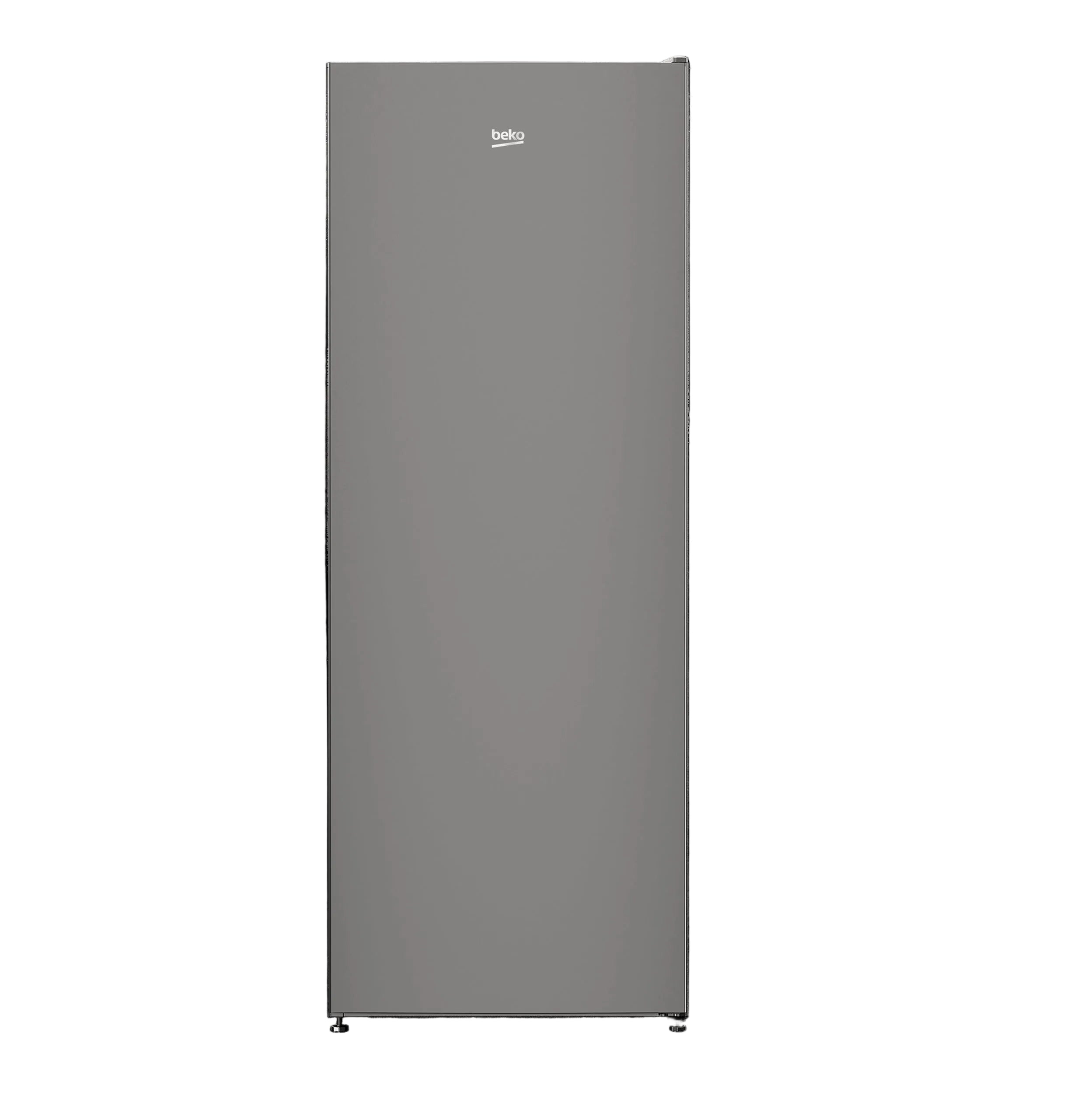 A tall, slim refrigerator with a matte dark gray finish, featuring a small white 'belko' logo near the top center, set against a solid black background.