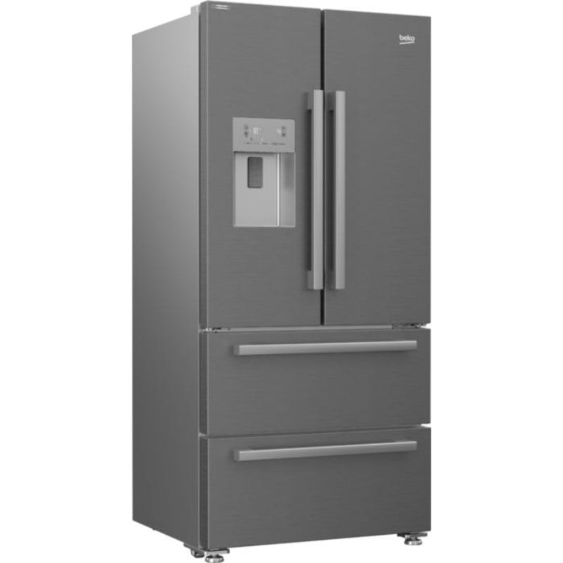 A Bekko brand stainless steel French door refrigerator with a bottom freezer drawer, featuring a water and ice dispenser on the left door and vertical handles.