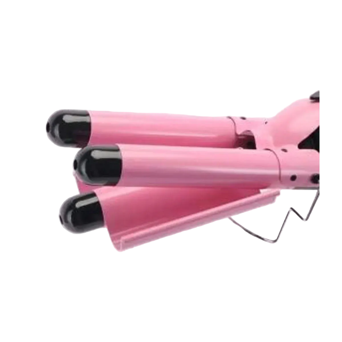 Pink hair curler with black ends on a light purple background