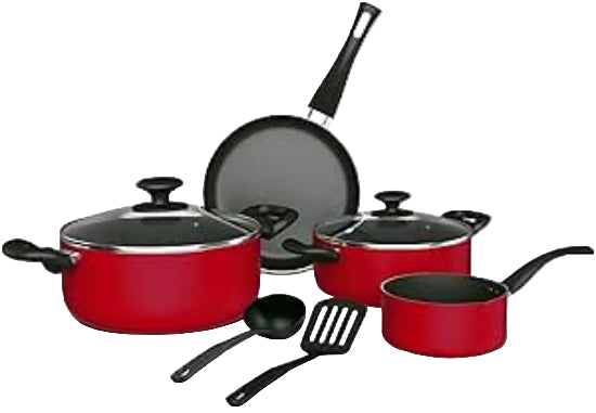 Red cookware set with black handles on a white background