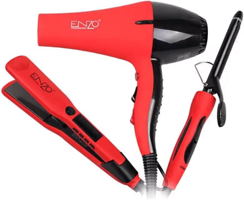 Enzo Set Hair Dryer & Straightener, Curler, Red