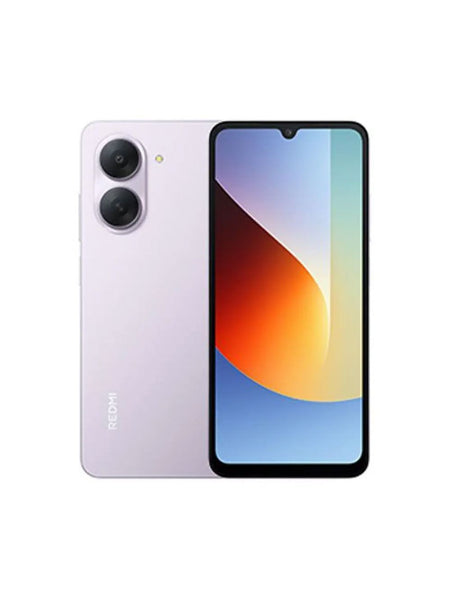 A Redmi smartphone shown from the back and front on a plain white background. The back panel is a pale lavender color with two vertical camera lenses and a small Redmi logo near the bottom.
