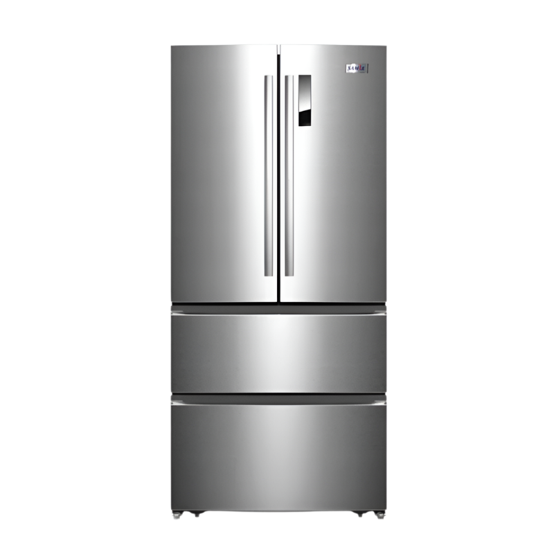 Stainless steel refrigerator on a white background