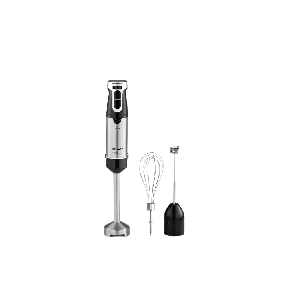 Hand blender with attachments on a white background