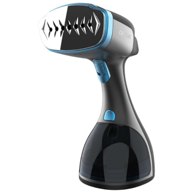 Black and blue handheld steamer on a white background