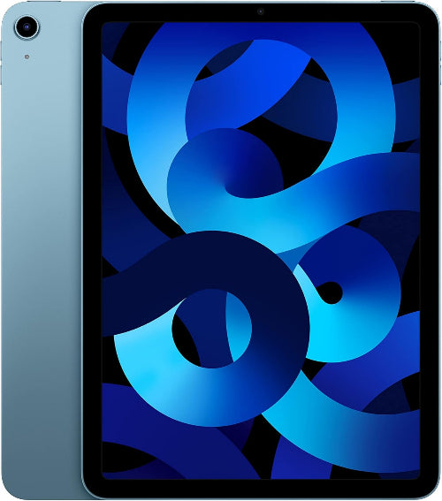 The image shows a blue Apple iPad Air with a 10.9-inch screen, featuring a colorful abstract wallpaper on the display and the Apple logo at the top left corner.