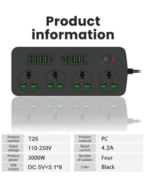 Black power strip with green indicator lights on a white background, featuring product information text.