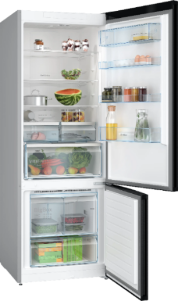 Open refrigerator with various food items inside