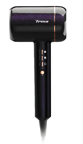Black and purple Trisa hair dryer on a white background