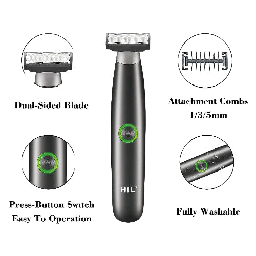 Hair trimmer with features highlighted on a white background