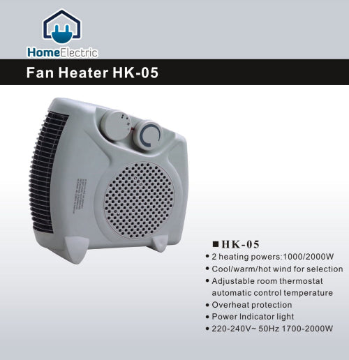 Fan heater HK-05 with HomeElectric branding on a gray background