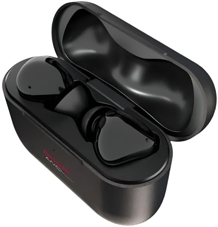 Black wireless earbuds in a charging case on a white background