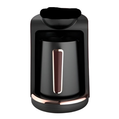 Black and rose gold coffee maker on a white background