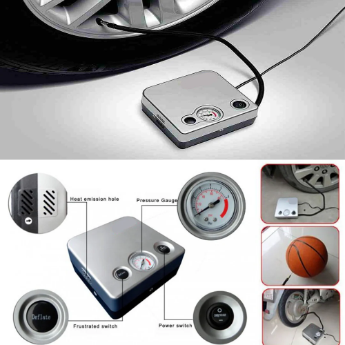 Silver air compressor with a pressure gauge on a white background