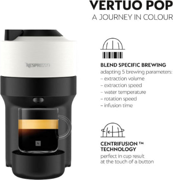 Nespresso Vertuo Pop coffee machine with a glass of coffee on a white background