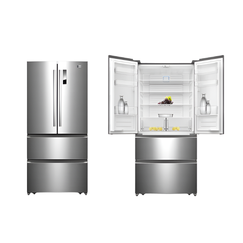 Stainless steel refrigerator with open doors on a white background