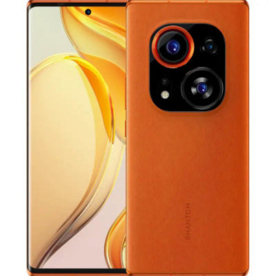 Smartphone with orange back cover on a white background