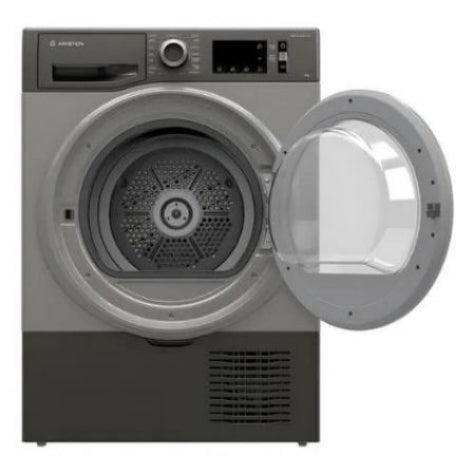 Ariston front-load tumble dryer in dark gray and black, with the circular door open to show the drum interior, on a plain white background.