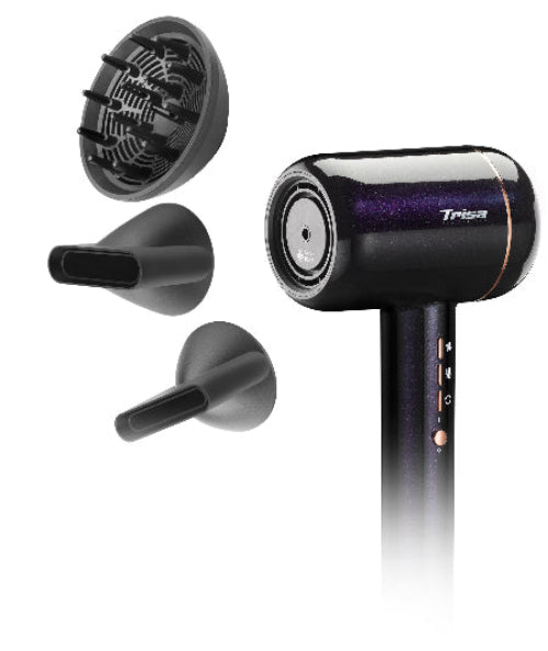 Black hair dryer with attachments on a white background, featuring the Trisa brand.