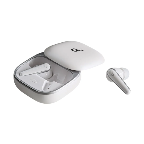 White wireless earbuds with charging case on a white background