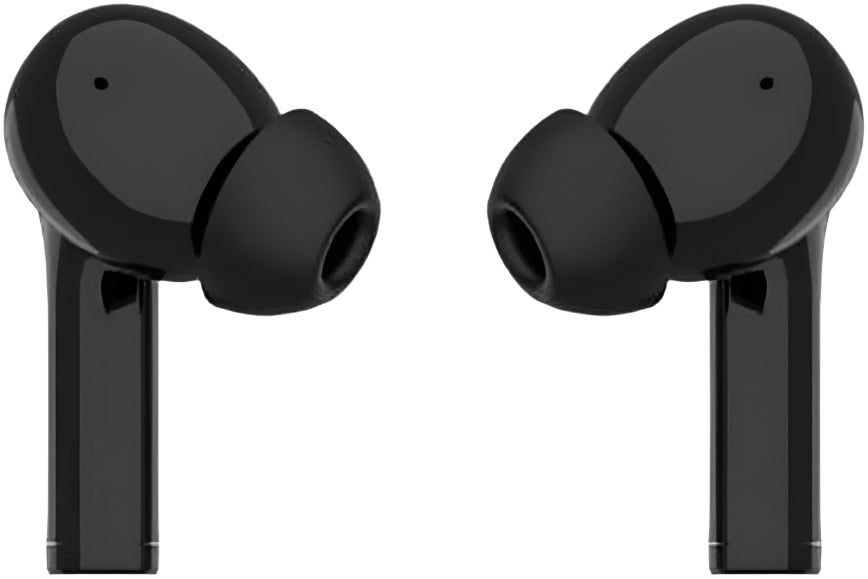 Black wireless earbuds on a white background