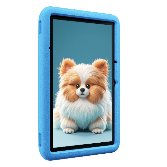 Blue tablet case with a dog illustration on a white background
