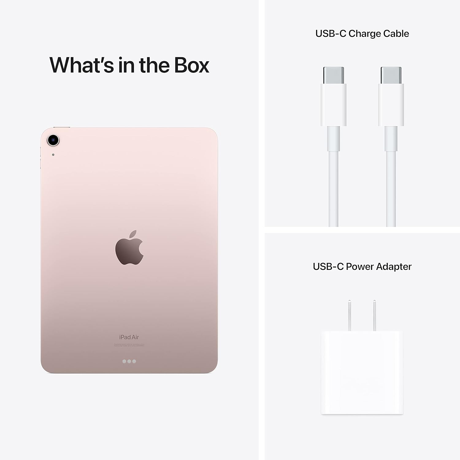 Product packaging with iPad Air, USB-C charge cable, and power adapter on a white background