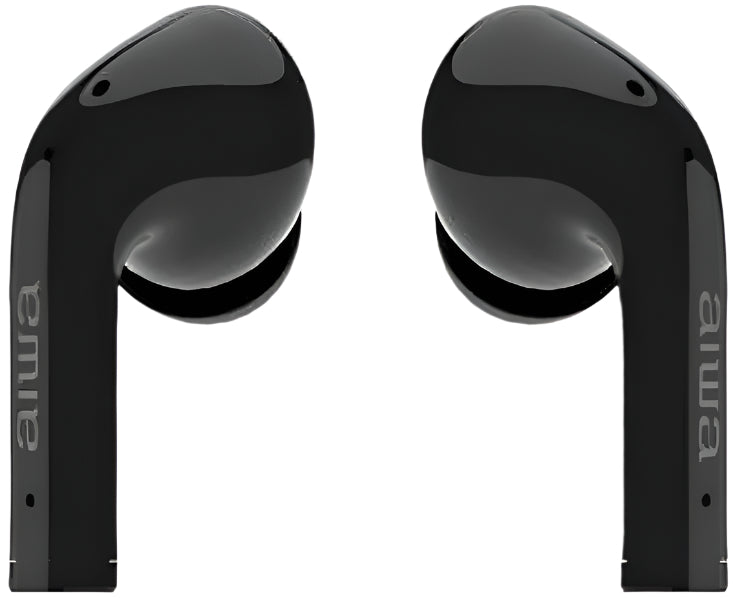 Black wireless earbuds with 'ava' branding on a white background