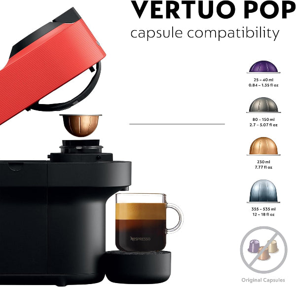 Red and black coffee capsule machine with a glass of coffee and compatibility chart on a white background