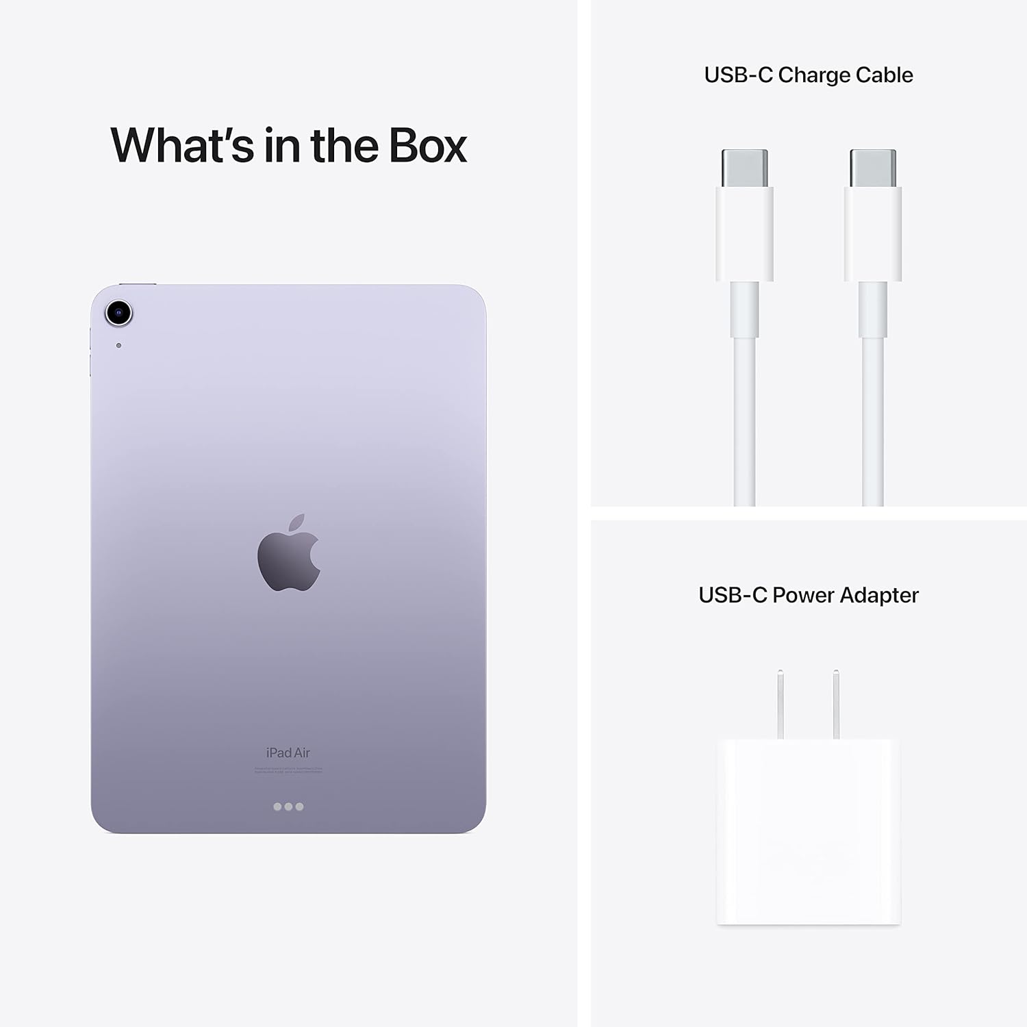 Purple iPad with Apple logo, USB-C charge cable, and power adapter on a white background