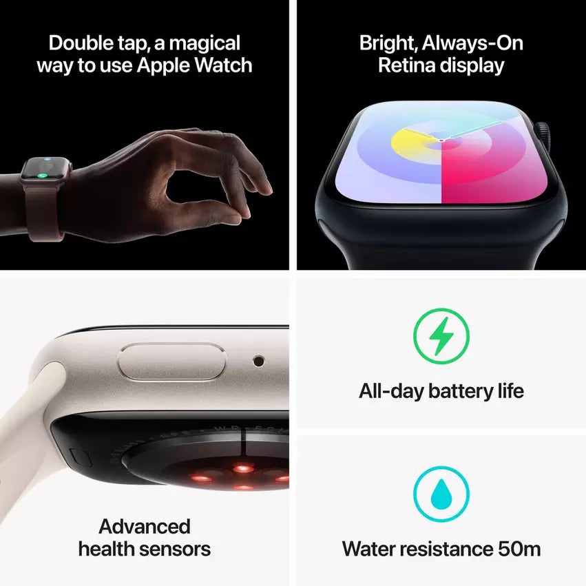 Apple Watch Series 9 GPS 45mm, Midnight Aluminium Case with Light Blue Sport Band, Apple Replacement