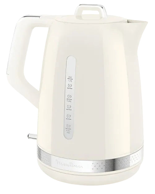 A white Moulinex electric kettle with a 1.7-liter capacity and a 2400-watt power rating, featuring a stainless steel accent around the base and a removable handle.