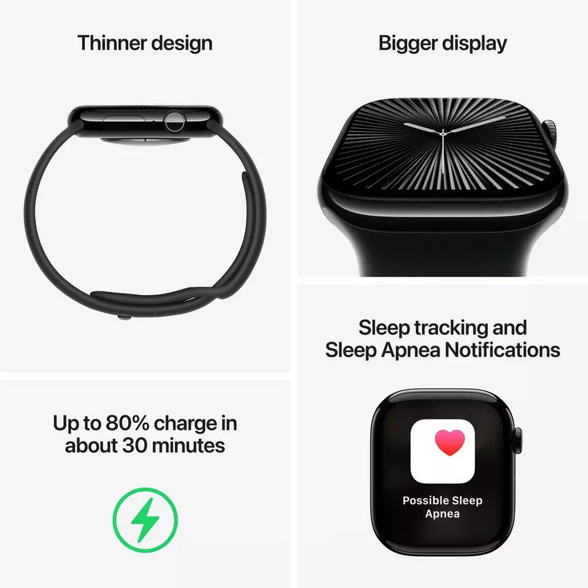 Apple Watch Series 10 GPS 42Mm, Jet Black Aluminium Case with Black Sport Band, S/M