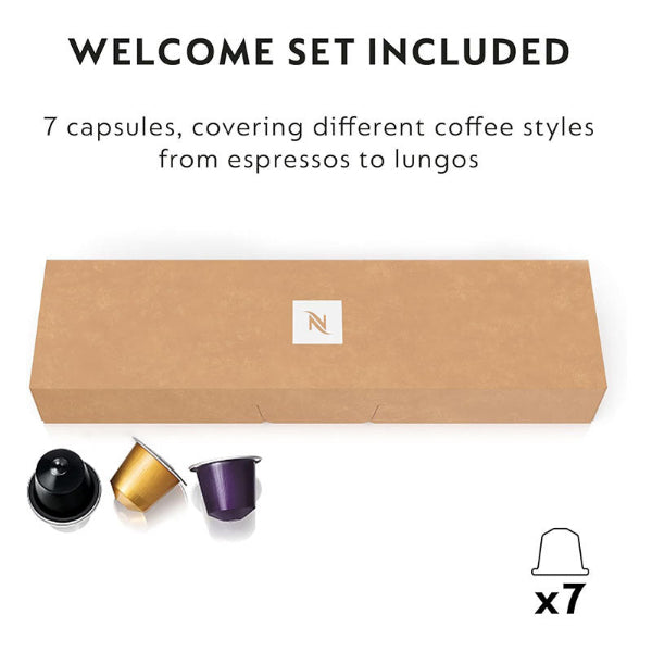 Coffee capsule set with a cardboard box labeled 'Nespresso' on a white background.