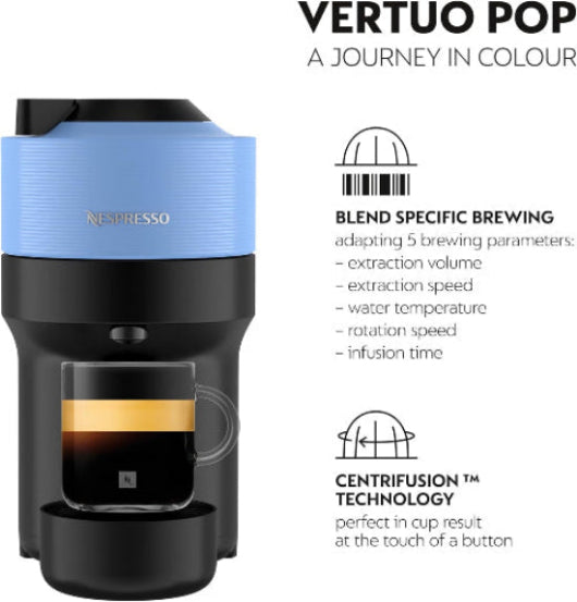 Nespresso Vertuo Pop coffee machine with blue top and black base, featuring text about brewing technology.
