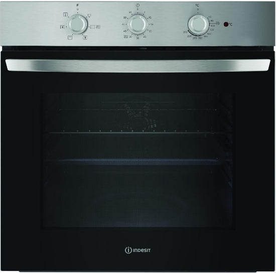 Stainless steel oven with black interior and Indesit logo