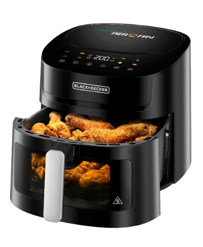 Black and Decker air fryer with fried chicken inside on a white background