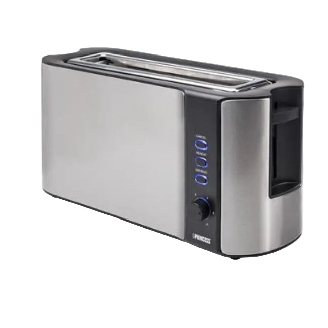 A stainless steel 4-slice toaster with a brushed metal finish, black side panels, blue-lit control buttons, and a black lever handle, shown on a white background.