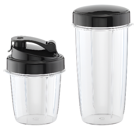 Two clear blender cups with black lids, one labeled 400 ml and the other 1000 ml, on a white background.