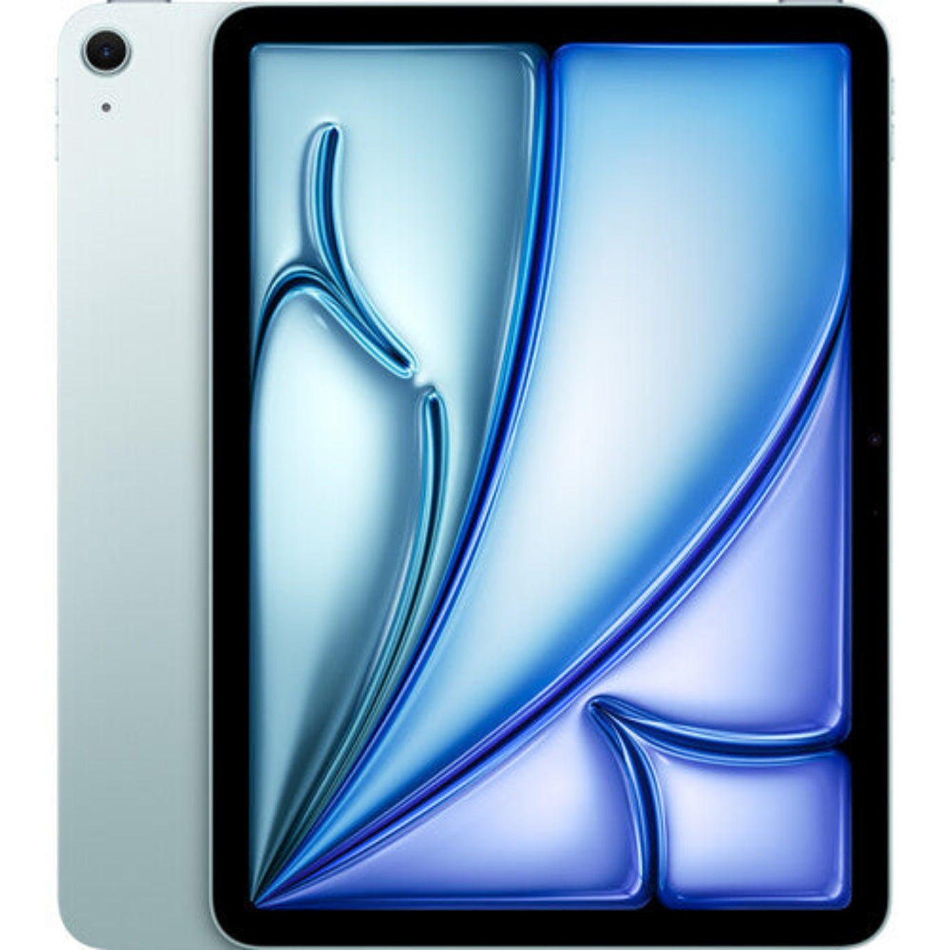 The image shows a blue Apple iPad Air with a 11-inch screen, featuring a Retina display and a visible Apple logo on the back.