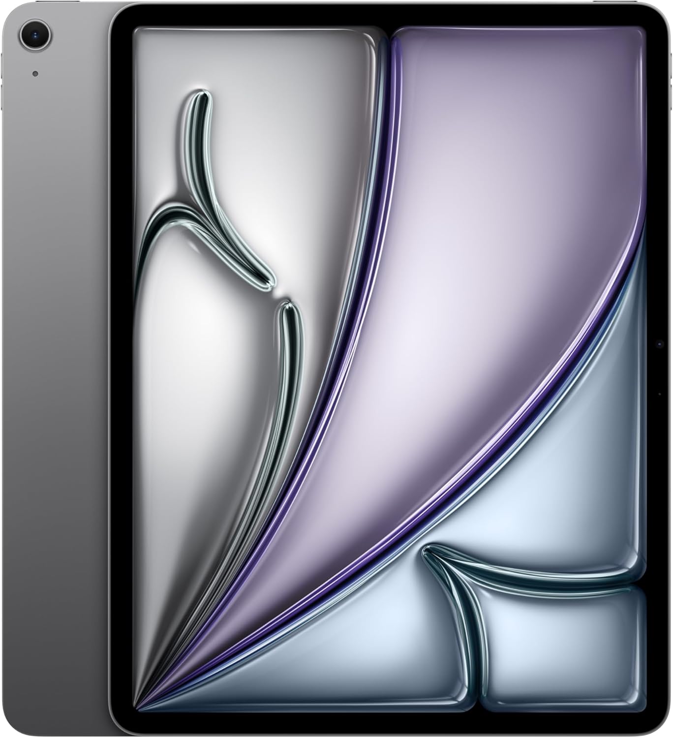 The image shows a Apple iPad Air in Space Grey color with a visible Retina display and a sleek design.