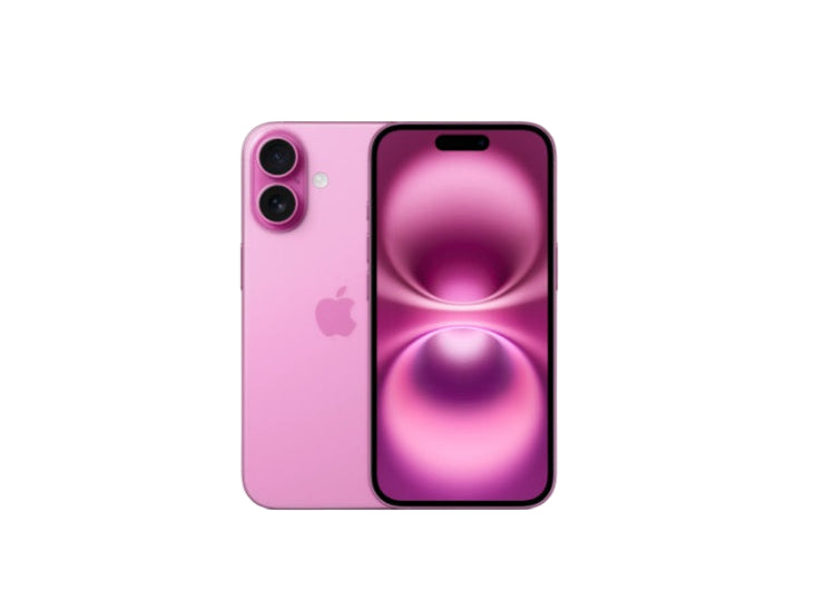 A pink iPhone 16 with a 6.1-inch screen displayed from the front and back, showcasing the dual camera system and Apple logo.