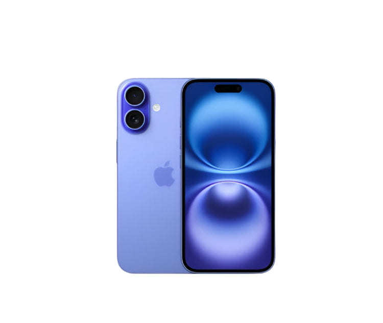 An iPhone 16 in Ultramarine color, showcasing the front screen and the back camera and Apple logo.