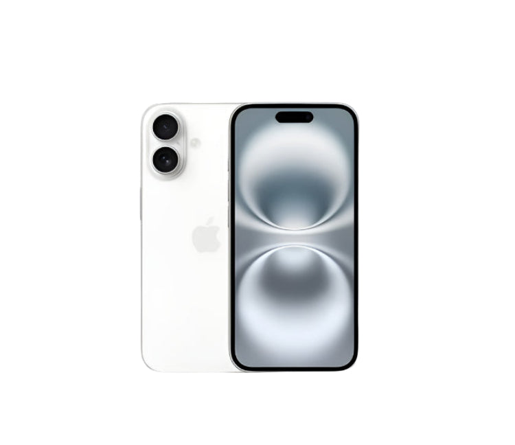 White iPhone 16 with a 6.1-inch screen, dual cameras on the back, and a reflective silver background.