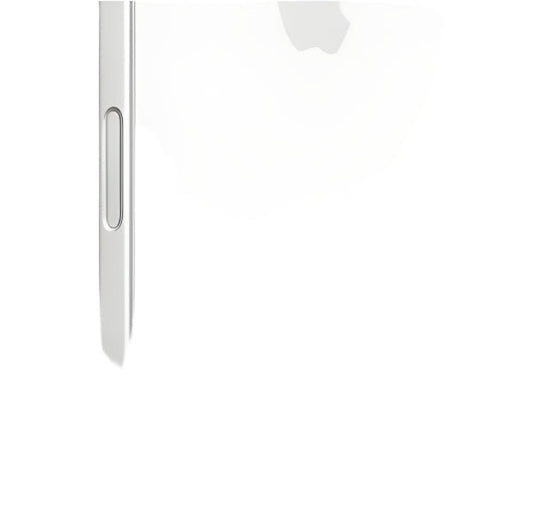Close-up of a white electronic device with a metallic accent on a white background