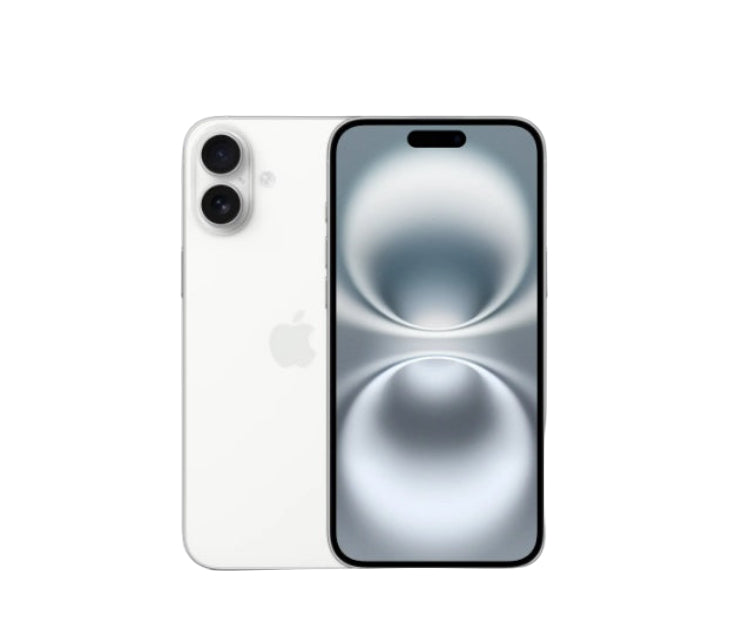 White iPhone 16 Plus with a dual camera system on the back and a reflective screen front view.