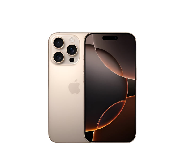 An iPhone 16 Pro in Desert Titanium color, showing both the front and back sides. The front displays the wallpaper and the back has the Apple logo and camera lenses visible.