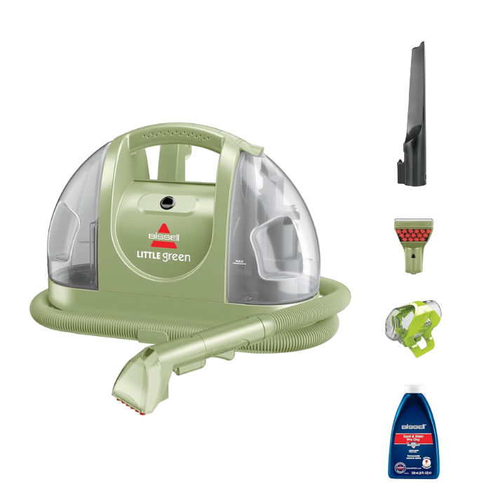 Bissell Little Green portable carpet cleaner with attachments on a white background