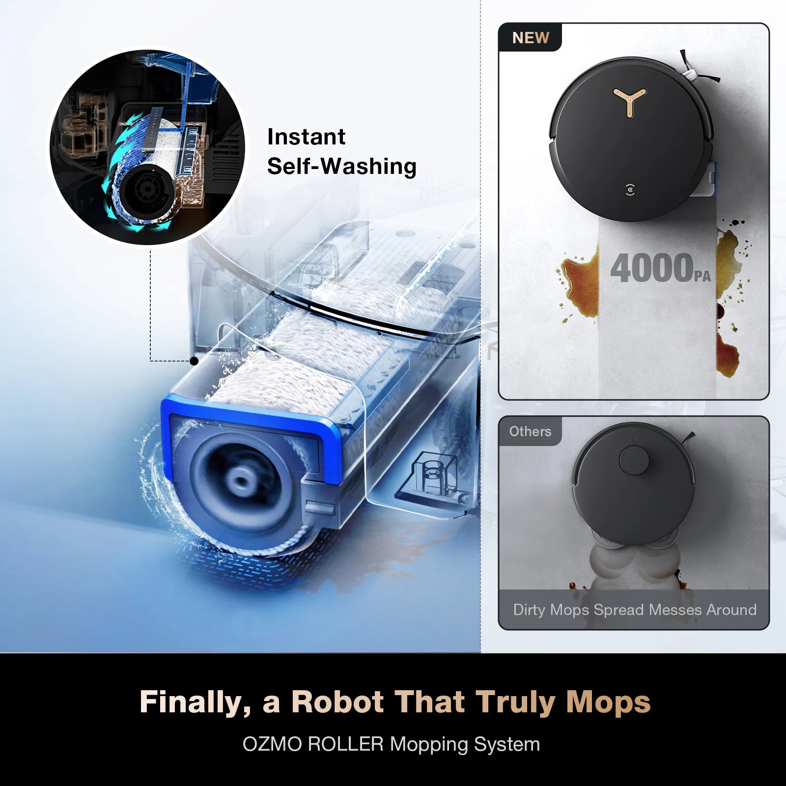 Advertisement for OZMO Roller Mopping System highlighting self-washing feature and mopping effectiveness.